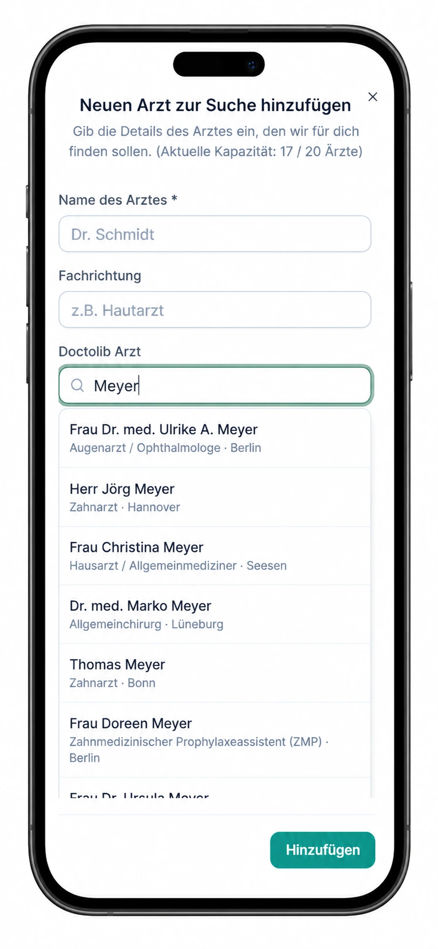 Das Arzt-Suchfeld im Arzttermin-Suche.de-Dashboard zeigt eine Vorschlagsliste passender Praxen.