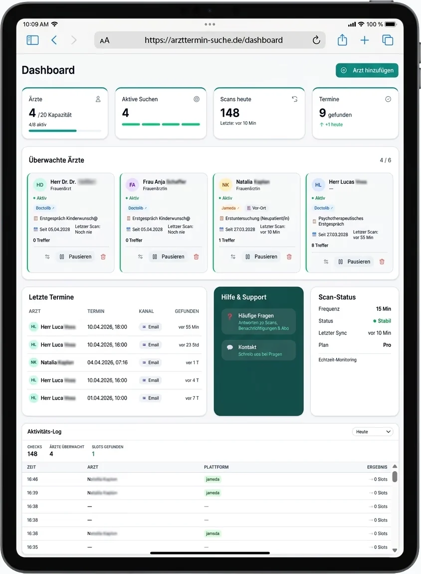 Das Dashboard von Arzttermin-Suche.de zeigt überwachte Arztprofile, aktuelle Suchläufe und gefundene Terminbenachrichtigungen in einer Übersicht.