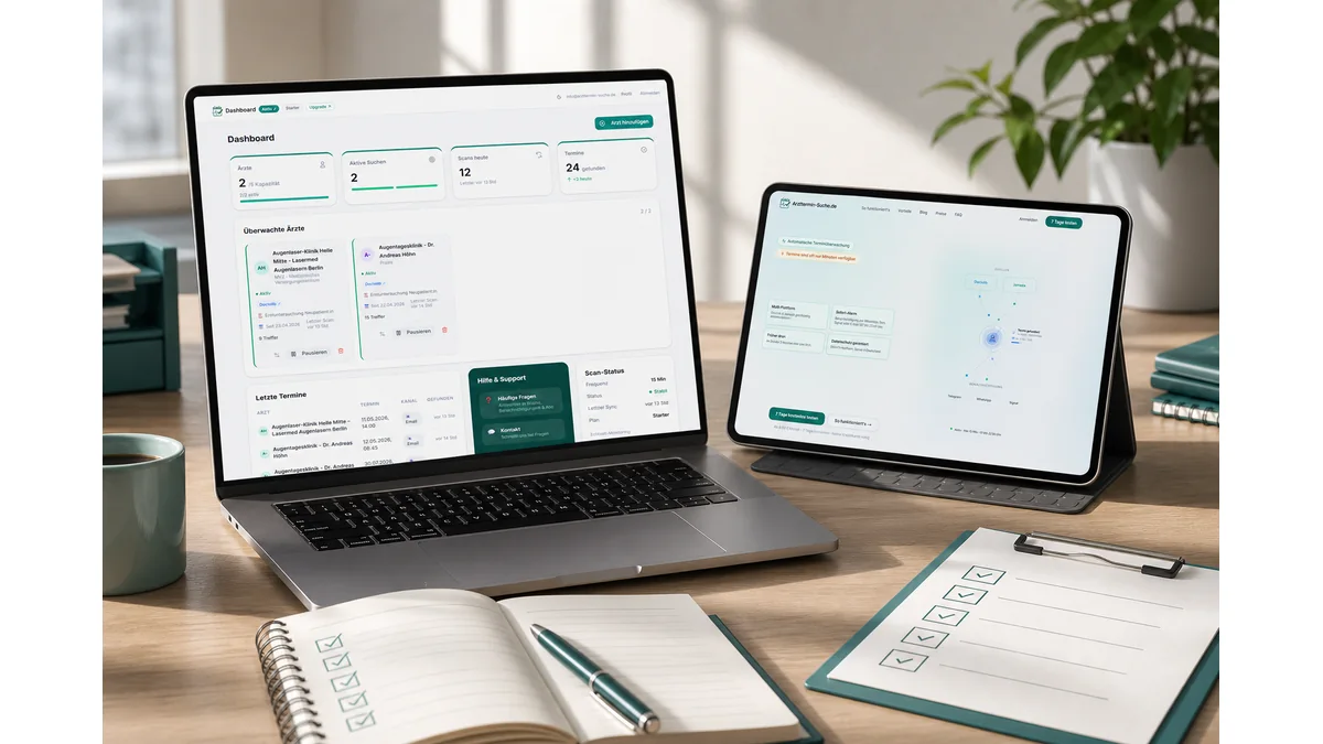 Organisierte Facharzttermin-Suche mit Kalender, Suchfiltern und Benachrichtigung