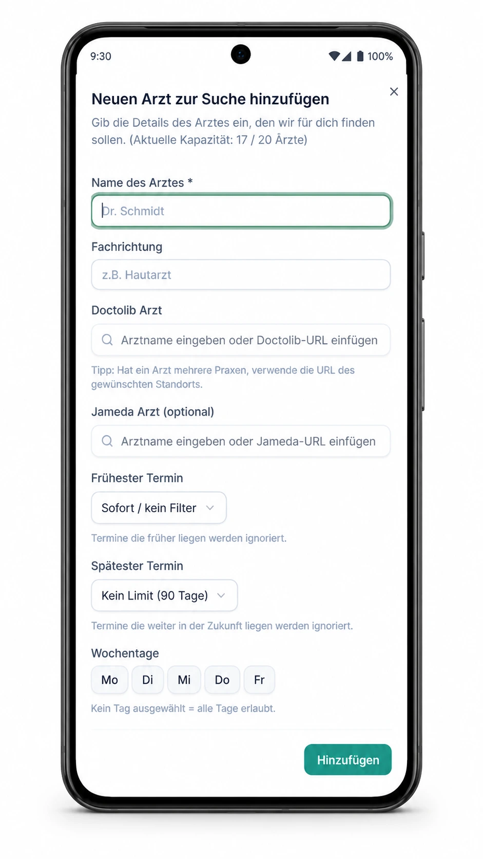 Die Filter-Einstellungen im Arzttermin-Suche.de-Dashboard zeigen Wochentage, Uhrzeiten, Vorlaufzeit und Benachrichtigungsoptionen für die Terminüberwachung.