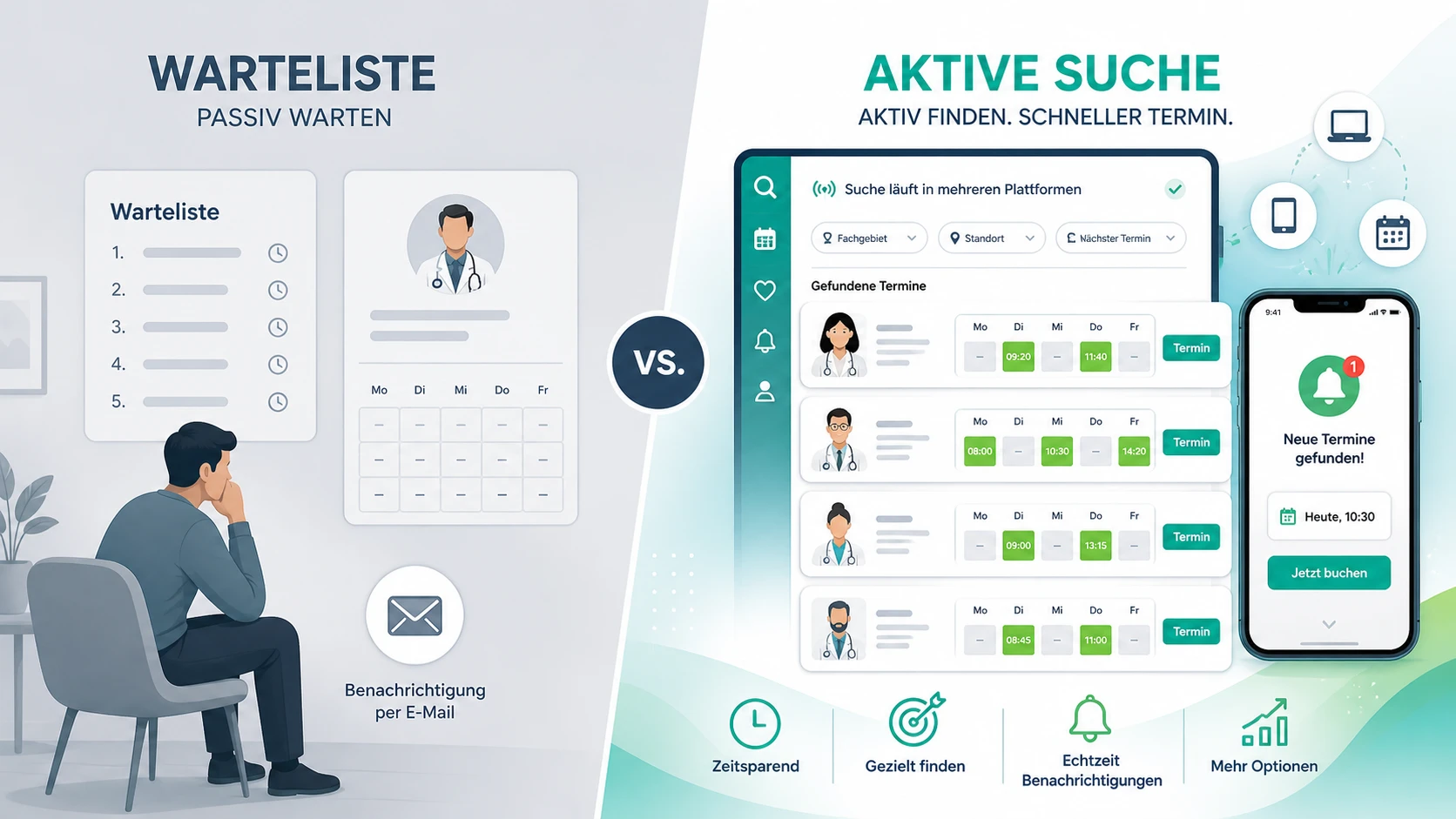 Vergleich Jameda Warteliste vs. aktive Terminsuche
