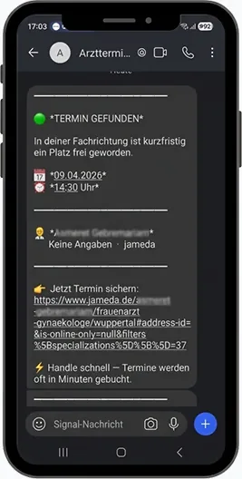 Eine Signal-Benachrichtigung von Arzttermin-Suche.de zeigt einen gefundenen Facharzttermin mit Datum, Uhrzeit und direktem Buchungslink.