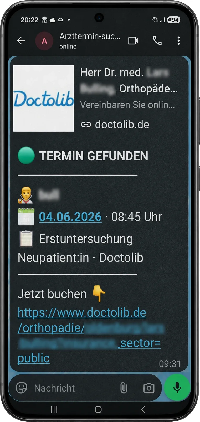 Eine WhatsApp-Benachrichtigung von Arzttermin-Suche.de informiert über einen gefundenen Hautarzt-Termin mit Datum, Uhrzeit und Buchungslink.